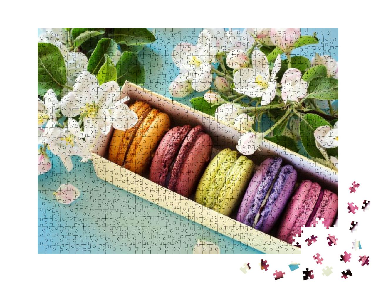 Colorful Macaroons or Macaron in a Gift Box Decorated wit... Jigsaw Puzzle with 1000 pieces