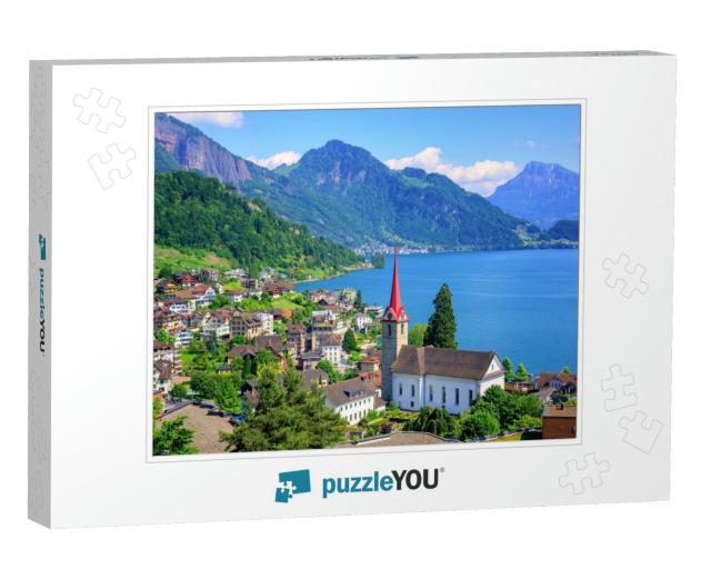 Little Swiss Town with Gothic Church on Lake Lucerne & Al... Jigsaw Puzzle