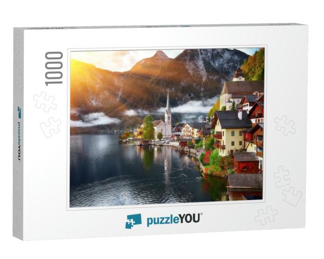 Scenic View of Famous Hallstatt Mountain Village with Hal... Jigsaw Puzzle with 1000 pieces