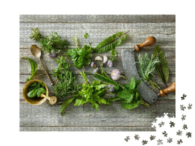 Fresh Kitchen Herbs & Spices on Wooden Table. Top View... Jigsaw Puzzle with 1000 pieces