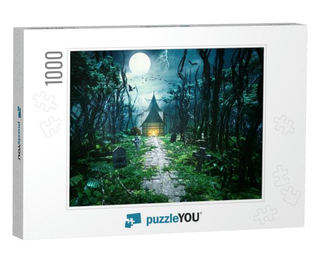 3D Render of Mysterious Forest with Path & House in Backg... Jigsaw Puzzle with 1000 pieces