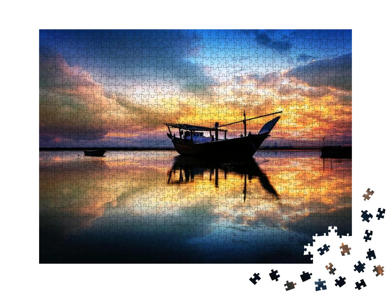 Beautiful Sunset Boats in Seaside with Red & Dark Sky. Da... Jigsaw Puzzle with 1000 pieces