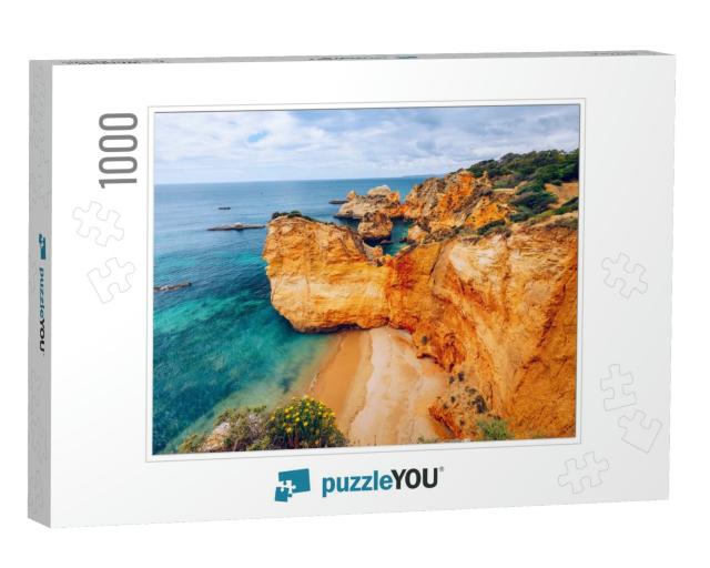 View of Stunning Beach with Golden Color Rocks in Alvor T... Jigsaw Puzzle with 1000 pieces