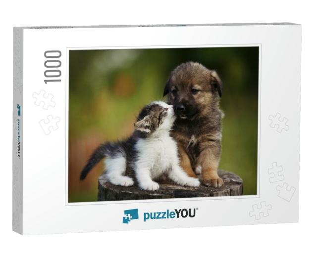 Cute Puppy & Kitten on the Grass Outdoor... Jigsaw Puzzle with 1000 pieces