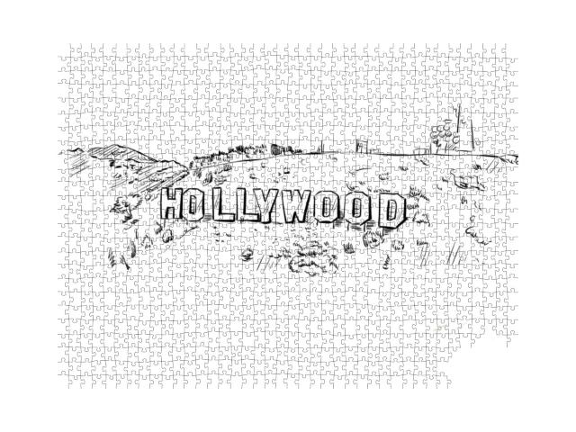 Hollywood Hill Vector Sketch Line USA Landscape Hand Drawn... Jigsaw Puzzle with 1000 pieces