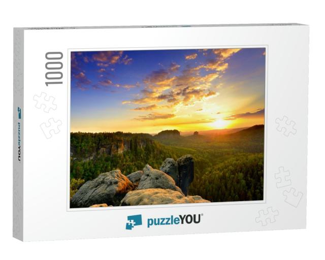 Saxon Switzerland Elbsandstone Sunrise At National Park R... Jigsaw Puzzle with 1000 pieces