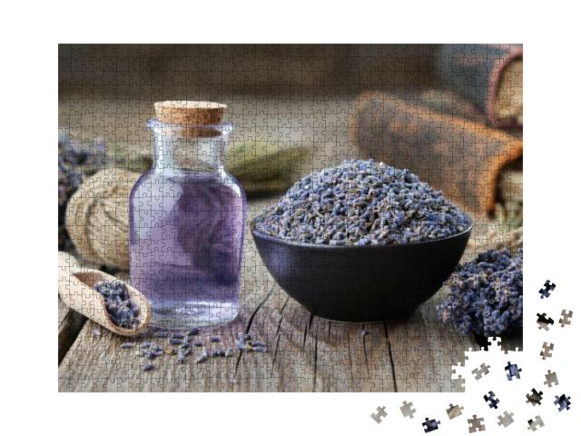 Dry Lavender Flowers in Bowl & Bottle of Essential Lavend... Jigsaw Puzzle with 1000 pieces
