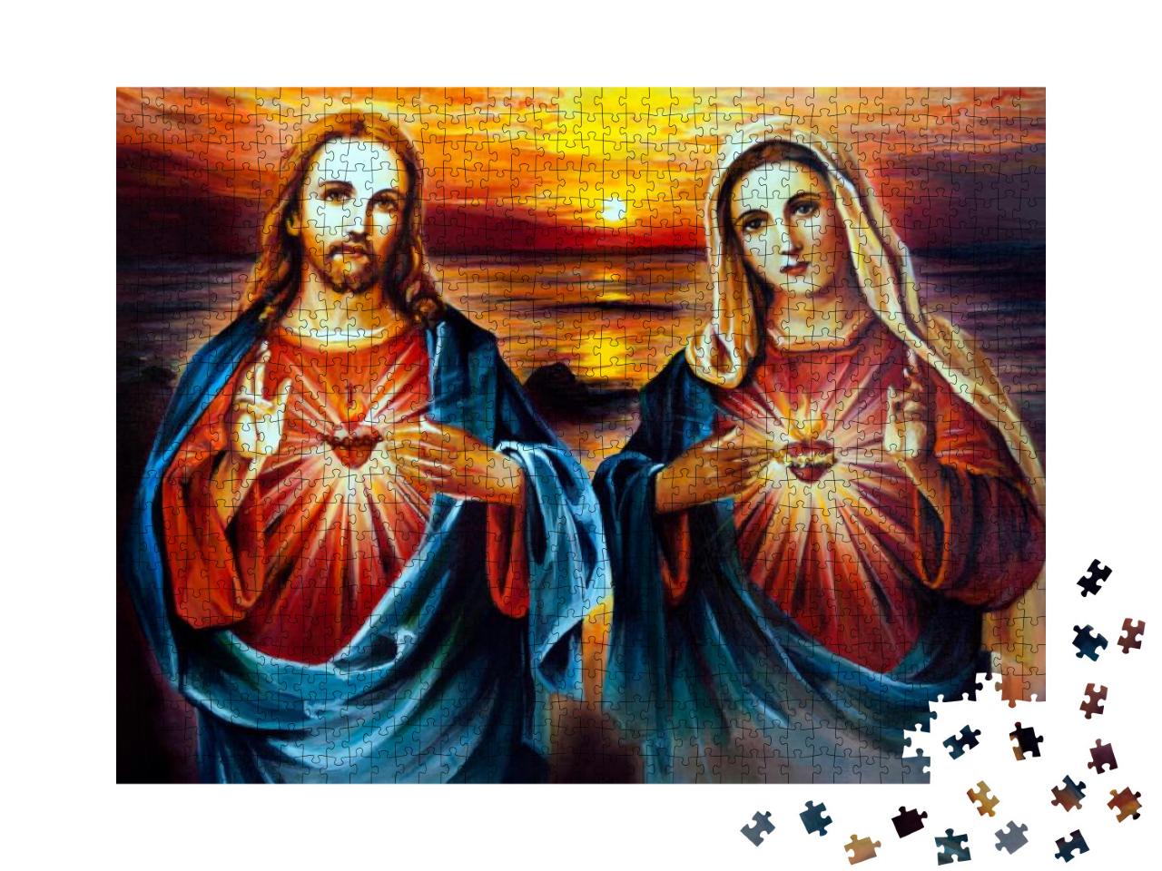Jesus Christ & Mary with Heart. Oil Painting... Jigsaw Puzzle with 1000 pieces