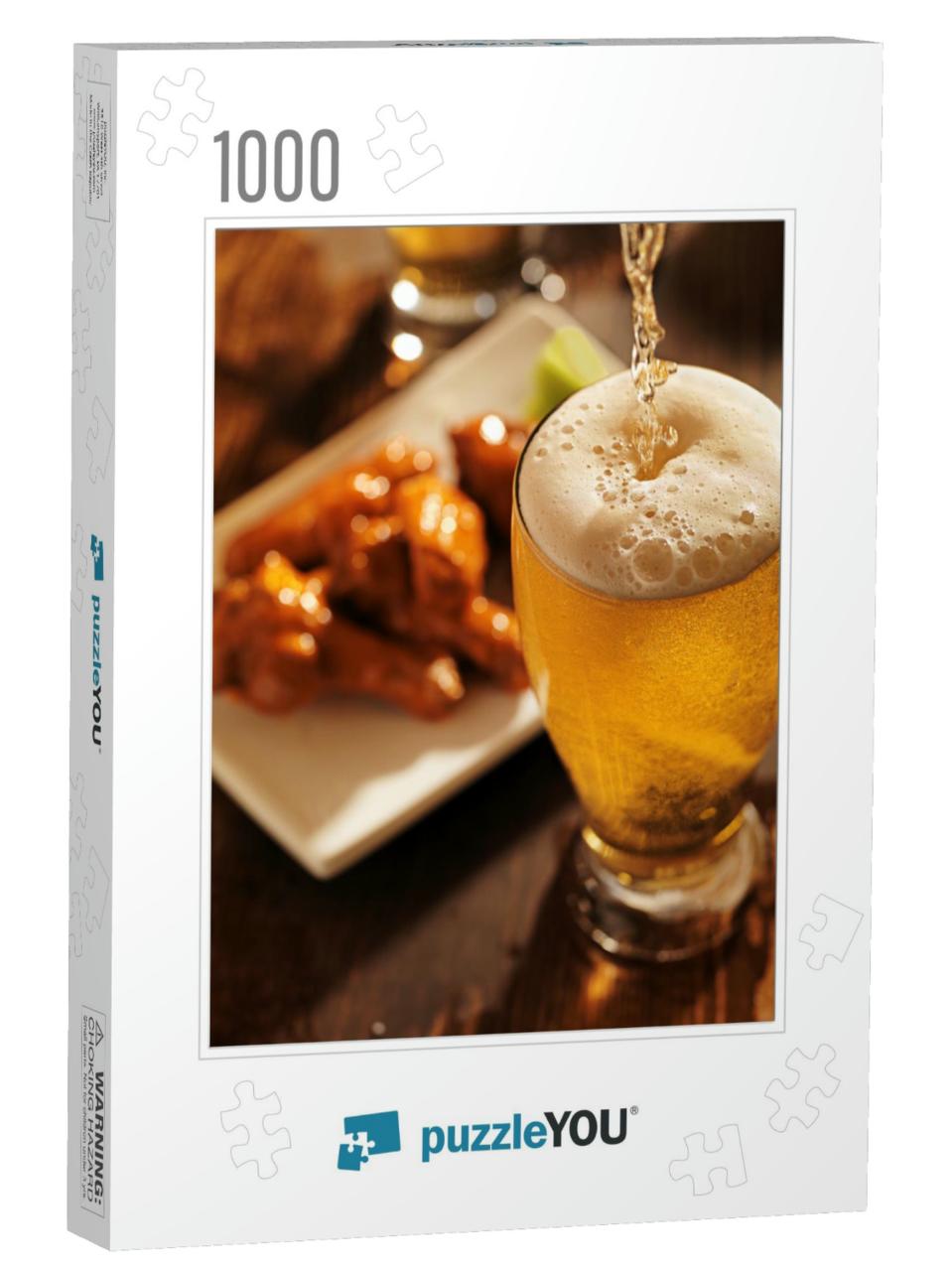 Pouring Beer with Chicken Wings in Background... Jigsaw Puzzle with 1000 pieces