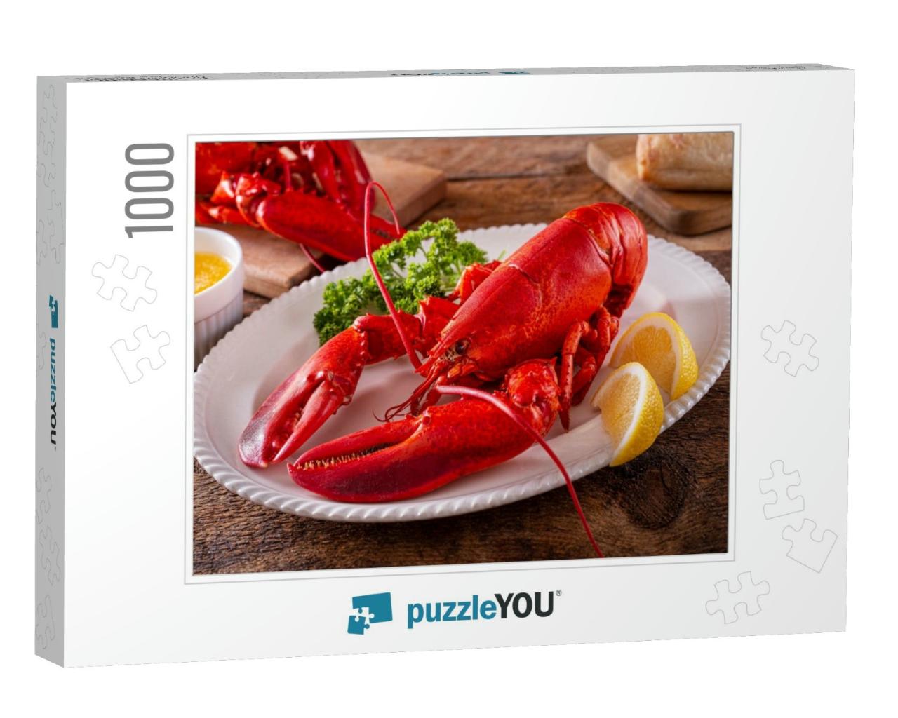 Fresh Cooked American Lobster on a Plate with Lemon... Jigsaw Puzzle with 1000 pieces