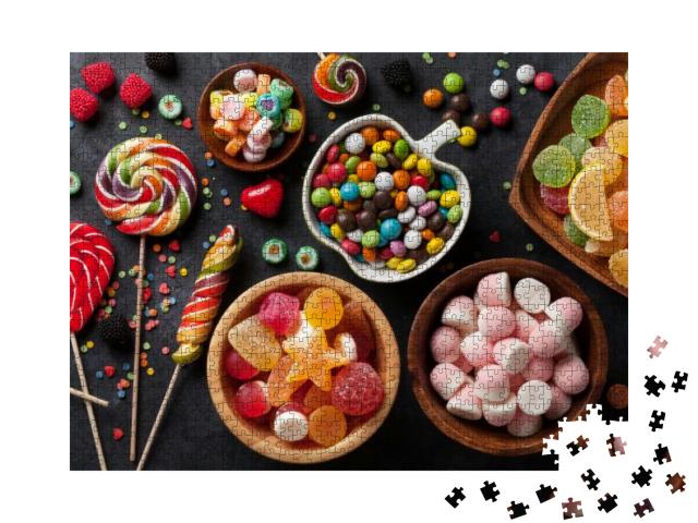 Colorful Candies, Jelly & Marmalade on Stone Background... Jigsaw Puzzle with 1000 pieces