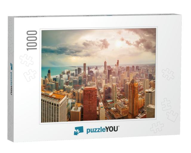 Chicago, Illinois, USA Aerial Downtown Skyline At Dusk Tow... Jigsaw Puzzle with 1000 pieces