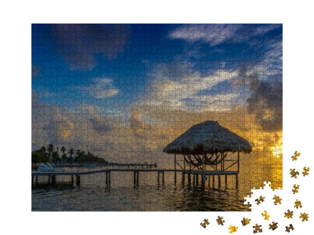Dock with Cabana Overlooking Beautiful Caribbean Sea Sunr... Jigsaw Puzzle with 1000 pieces