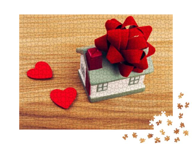 House as a Gift on Wooden Background... Jigsaw Puzzle with 1000 pieces