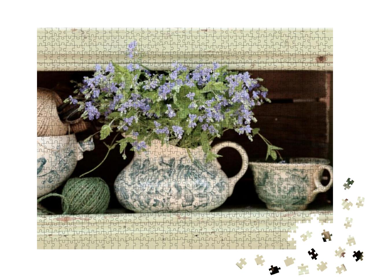 Blue Wild Flowers in Antique, Vintage Pitcher, Big Cup on... Jigsaw Puzzle with 1000 pieces