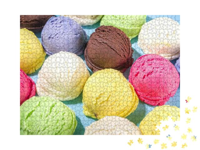 Colorful Various Ice Cream Scoops Pattern on Pastel Blue... Jigsaw Puzzle with 1000 pieces