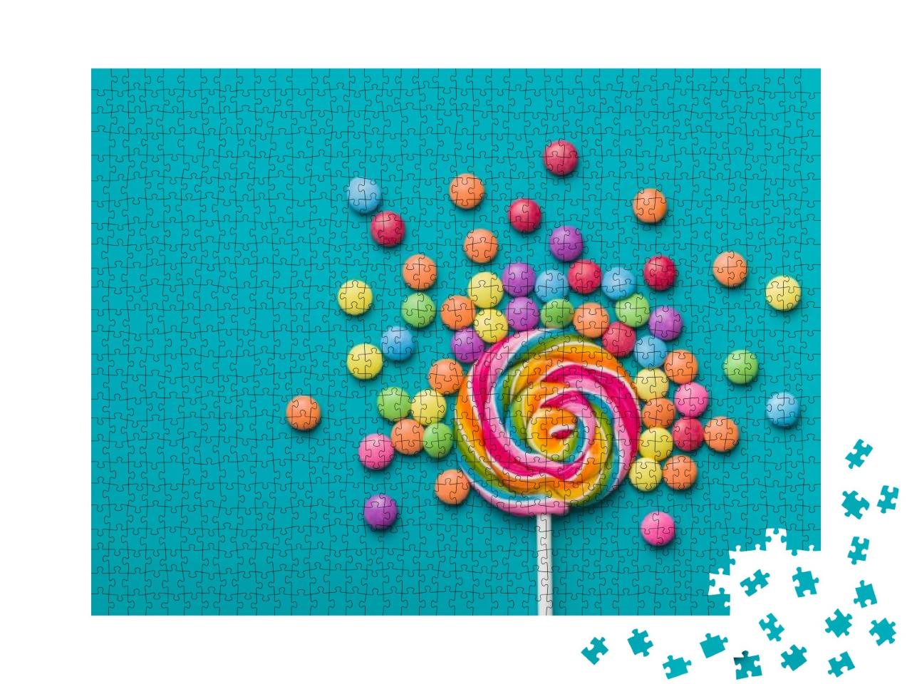Sweet Lollipop & Colorful Chocolate Candy Pills on Blue B... Jigsaw Puzzle with 1000 pieces