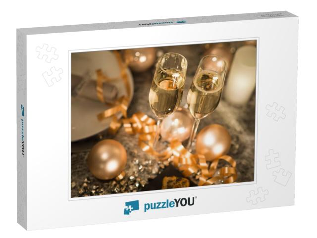 New Years Eve Party Table with Champagne Flute Rib... Jigsaw Puzzle