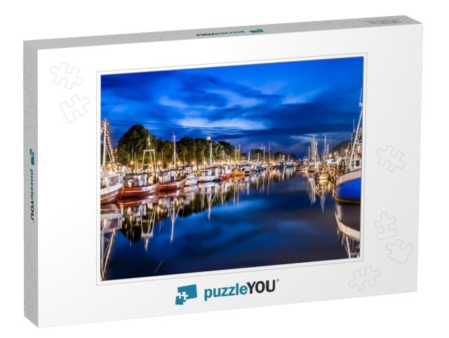 Night View of Canal with Ships & Baltic Sea in Warnemunde... Jigsaw Puzzle