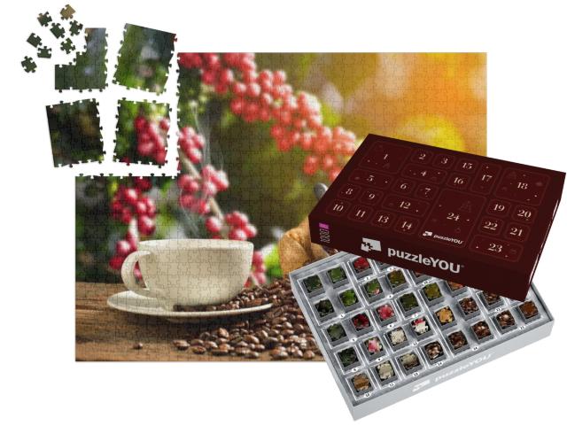 Cup of Coffee with Smoke & Coffee Beans in Burlap Sack on... | Advent Calendar Jigsaw Puzzle