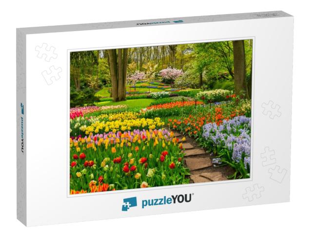 Colorful Tulips Flowerbeds & Stone Path in an Spring Form... Jigsaw Puzzle