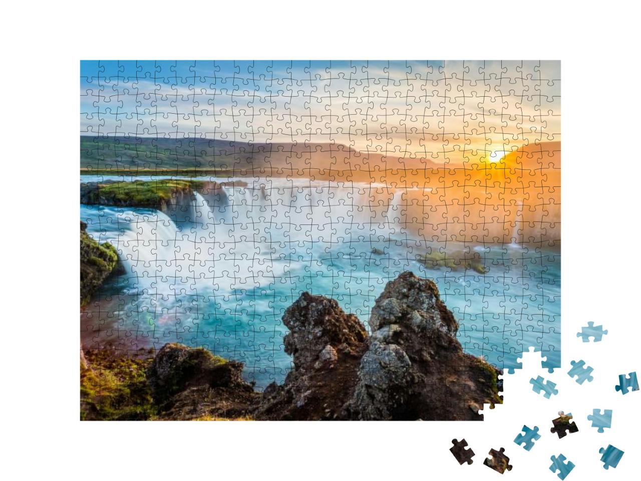 Godafoss Waterfall At Sunset, Iceland, Europe... Jigsaw Puzzle with 500 pieces