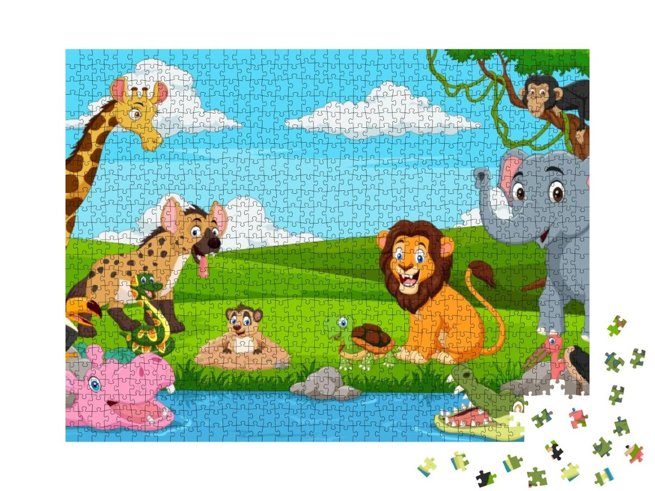 Cartoon African Landscape with Wild Animals... Jigsaw Puzzle with 1000 pieces