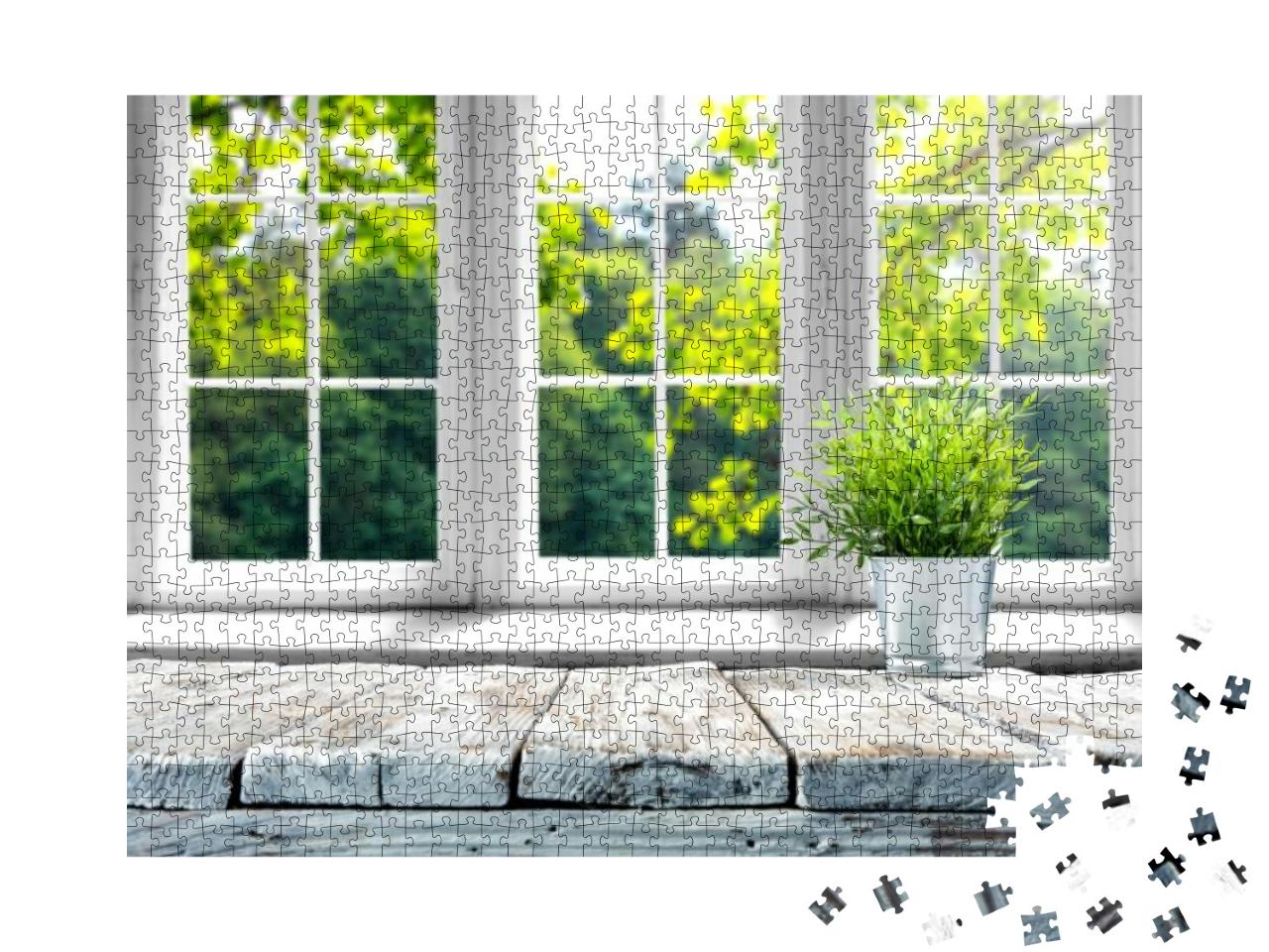 Desk of Free Space with Green Plant & Window of Spring Ti... Jigsaw Puzzle with 1000 pieces