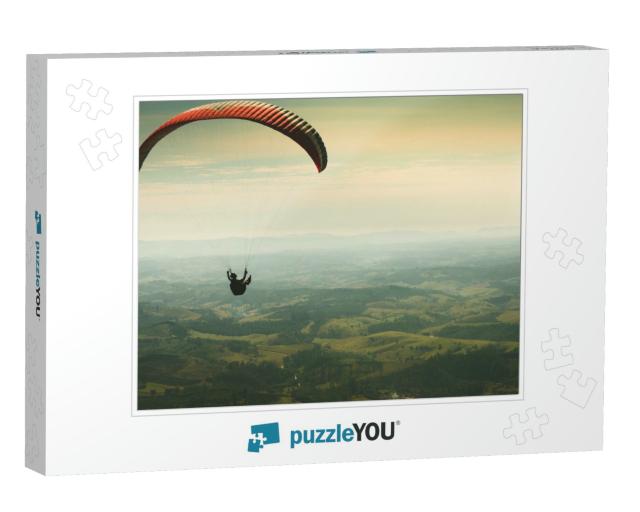 Paraglider Flying on the Beautiful Sunny Sky Over the Gre... Jigsaw Puzzle