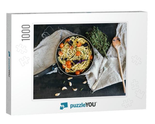 Pasta Spaghetti with Pesto Sauce, Basil, Cherry-Tomatoes... Jigsaw Puzzle with 1000 pieces