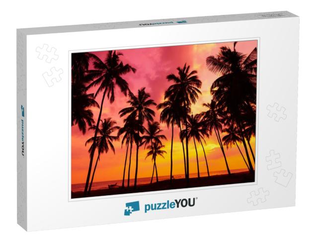 Palm Trees Silhouettes on Tropical Beach At Vivid Sunset... Jigsaw Puzzle