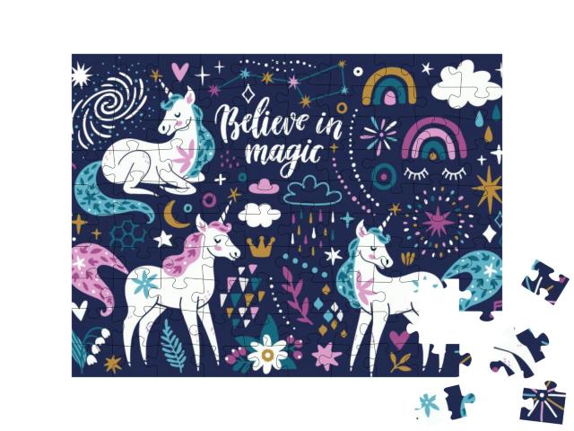 Vector Set of Magical Icons Unicorns, Rainbow, Clouds, Fl... Jigsaw Puzzle with 100 pieces