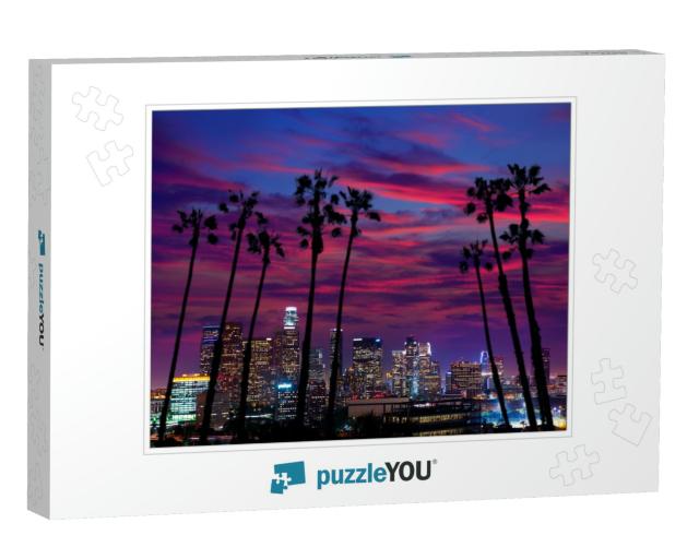 Downtown La Night Los Angeles Sunset Colorful Skyline Cal... Jigsaw Puzzle