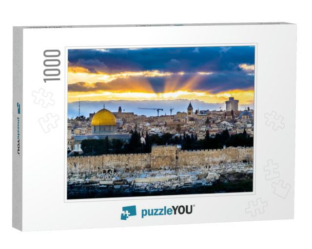 Sun Rays Breaking Through Dark Clouds Over Jerusalem, wit... Jigsaw Puzzle with 1000 pieces
