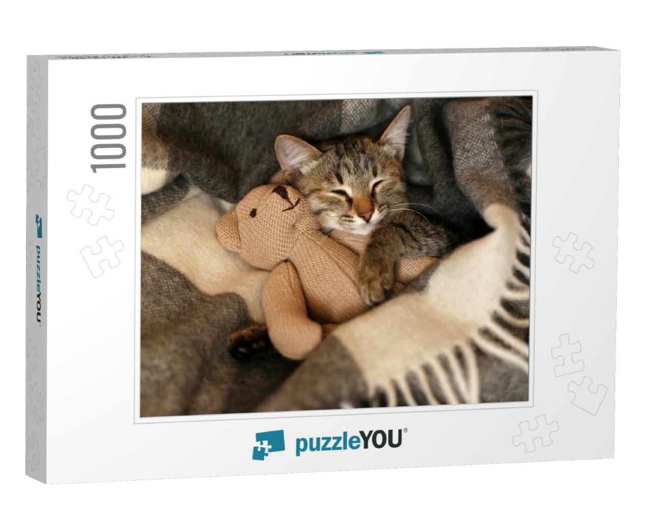 Gray Kitten Sleeping on Gray Plaid Wool Blanket with Tass... Jigsaw Puzzle with 1000 pieces