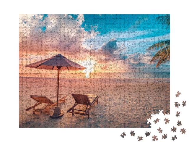 Beautiful Tropical Sunset Scenery, Two Sun Beds, Loungers... Jigsaw Puzzle with 1000 pieces