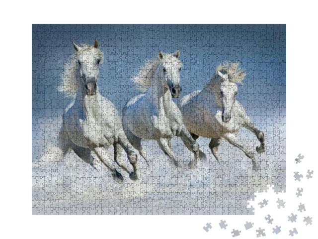 Group of Beautiful Arabian Horses Run Gallop in Snow Wint... Jigsaw Puzzle with 1000 pieces