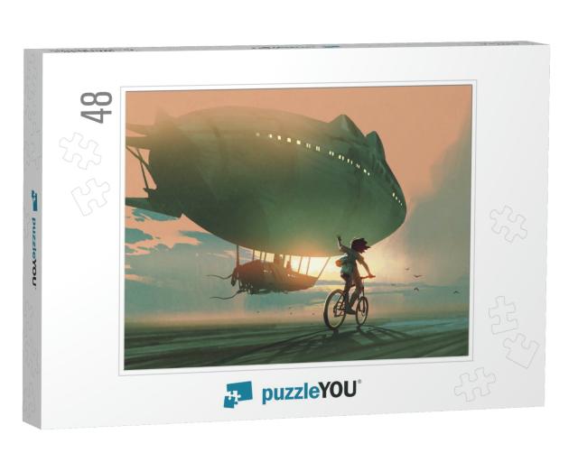 Kid Rides a Bicycle Waving Good Bye to the Airship At Sun... Jigsaw Puzzle with 48 pieces