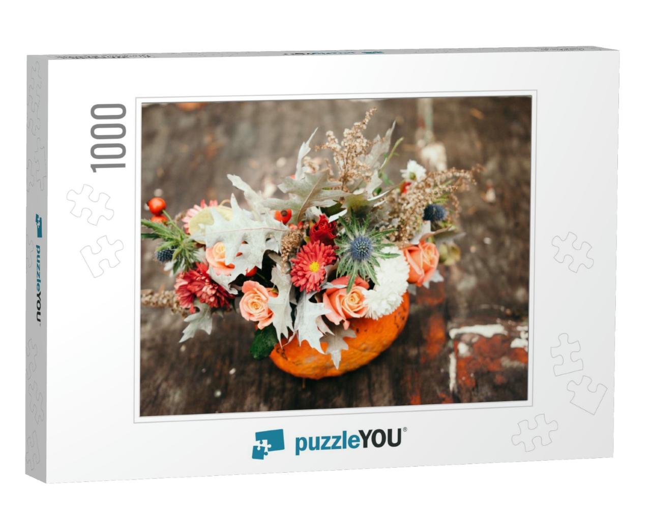 Autumn Floral Bouquet in a Pumpkin Vase for Halloween... Jigsaw Puzzle with 1000 pieces