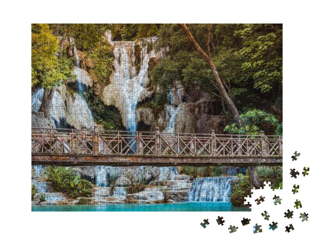 Travel, Holiday, Vacation, Sightseeing Concept - Kuang Si... Jigsaw Puzzle with 1000 pieces