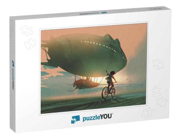 Kid Rides a Bicycle Waving Good Bye to the Airship At Sun... Jigsaw Puzzle