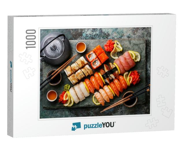 Sushi Set Nigiri & Sushi Rolls with Tea Served on Gray St... Jigsaw Puzzle with 1000 pieces