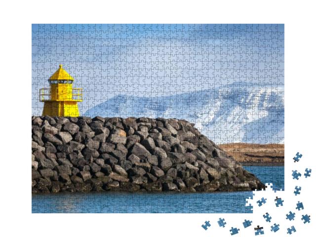 Yellow Lighthouse Tower on Stone Breakwater, Entrance to... Jigsaw Puzzle with 1000 pieces