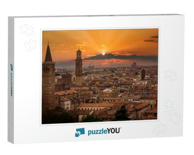 View of Verona. Orange Sunset & Beautiful Sun. Italy... Jigsaw Puzzle