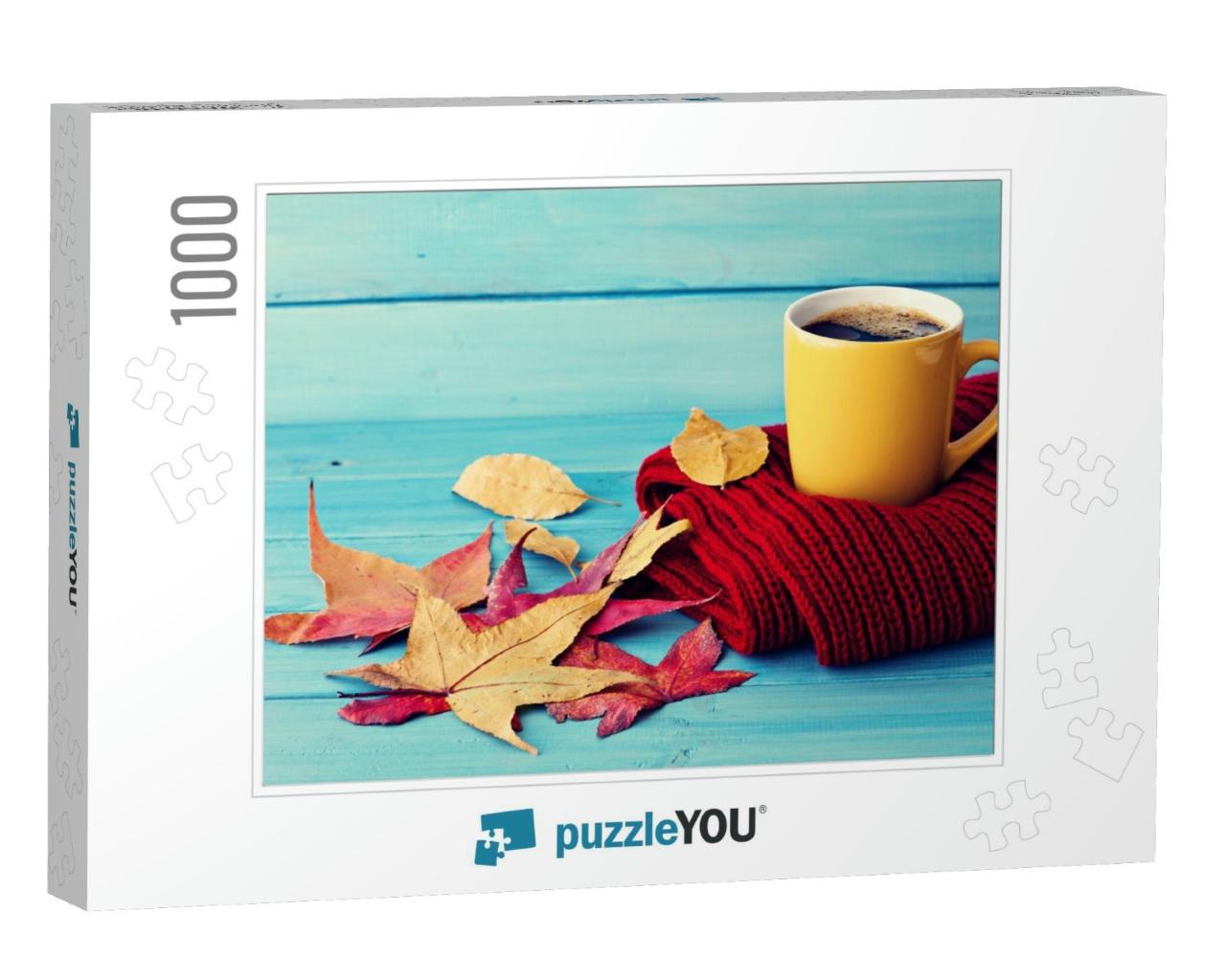 Autumn Coffee Over Blue Wood... Jigsaw Puzzle with 1000 pieces