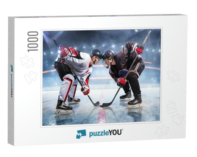Hockey Players Starts Game. Around Ice Rink Arena... Jigsaw Puzzle with 1000 pieces