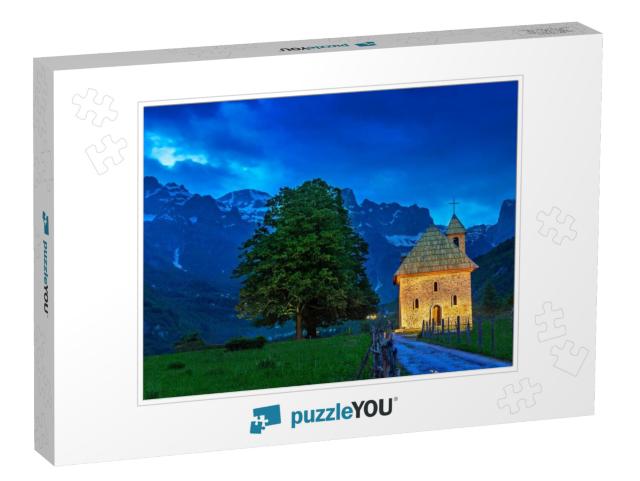 Church in the Thethi Village & Snow Capped Mountains, At... Jigsaw Puzzle