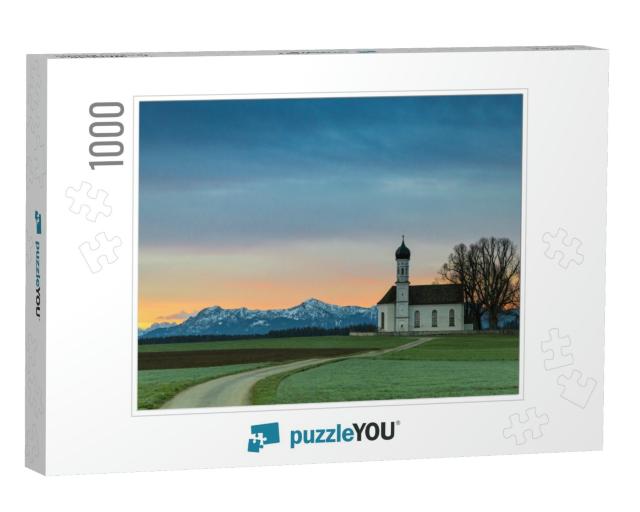 Sunrise Over Old Chapel in Green Field with Alps Mountain... Jigsaw Puzzle with 1000 pieces