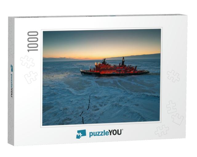 Icebreaking Vessel in Arctic with Background of Sunset... Jigsaw Puzzle with 1000 pieces