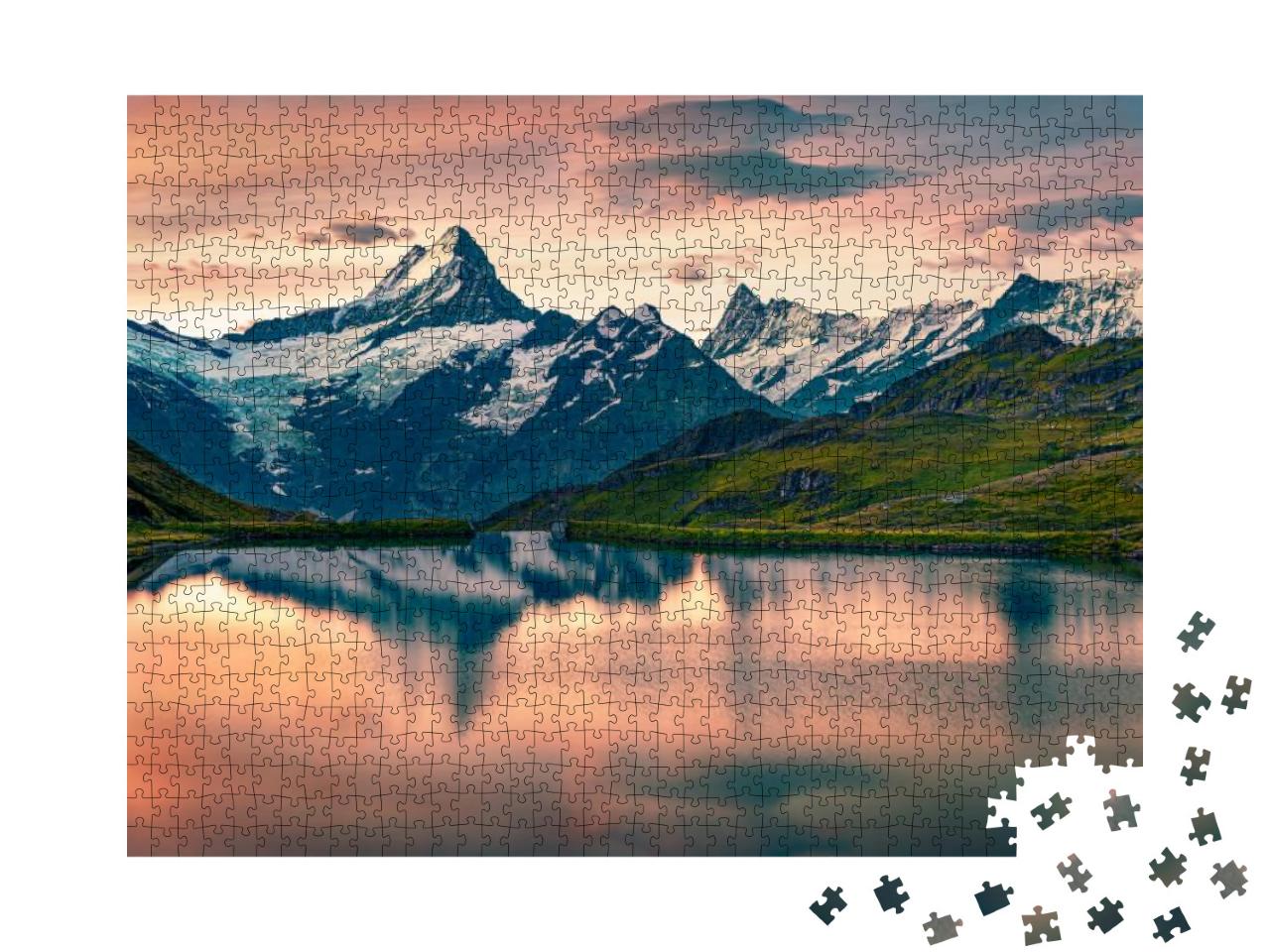 Breathtaking Summer Sunrise on Bachalpsee Lake with Schre... Jigsaw Puzzle with 1000 pieces